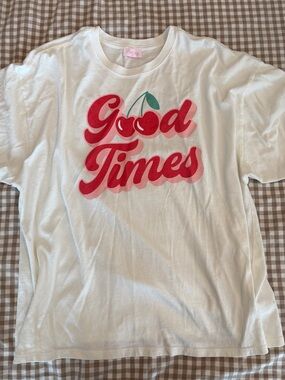 Pink Lily White Tee with Red 'Good Times' Graphic and Green Cherry Accent